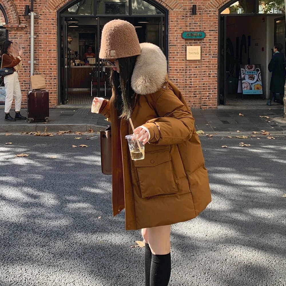 23 ホワイトダックダウン ラージファー襟ダウンジャケット レディース ミドル丈 ウエスト 暖かい 作業着 ジャケット