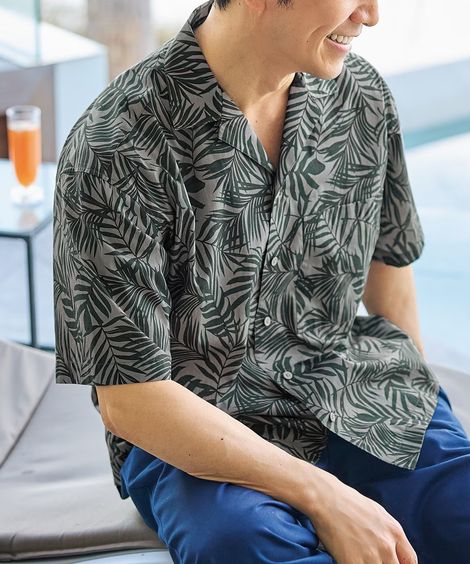 長袖シャツ オーバーサイズ綿１００％オープンカラー5分袖アロハシャツ ボタニカル柄 大きいサイズ有