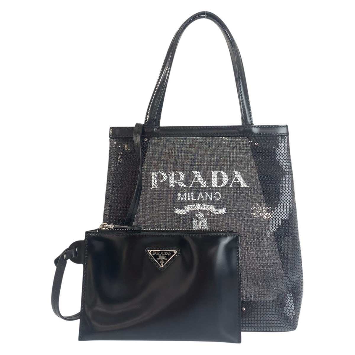 超美品 メッシュ 三角ロゴプレート ブラック 黒 シルバー金具 スパンコール/レザー トートバッグ ハンドバッグ レディース 506111