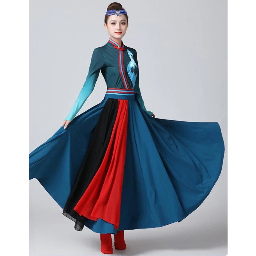 チャイナ 民族ダンス 衣装 レディース 大人 モンゴル舞踊 チベット舞踊 ダンス衣装 上下セットアップ 長袖 レオタード ロング丈広がるスカート 漢服 チャイナ服とても安い 4,666円