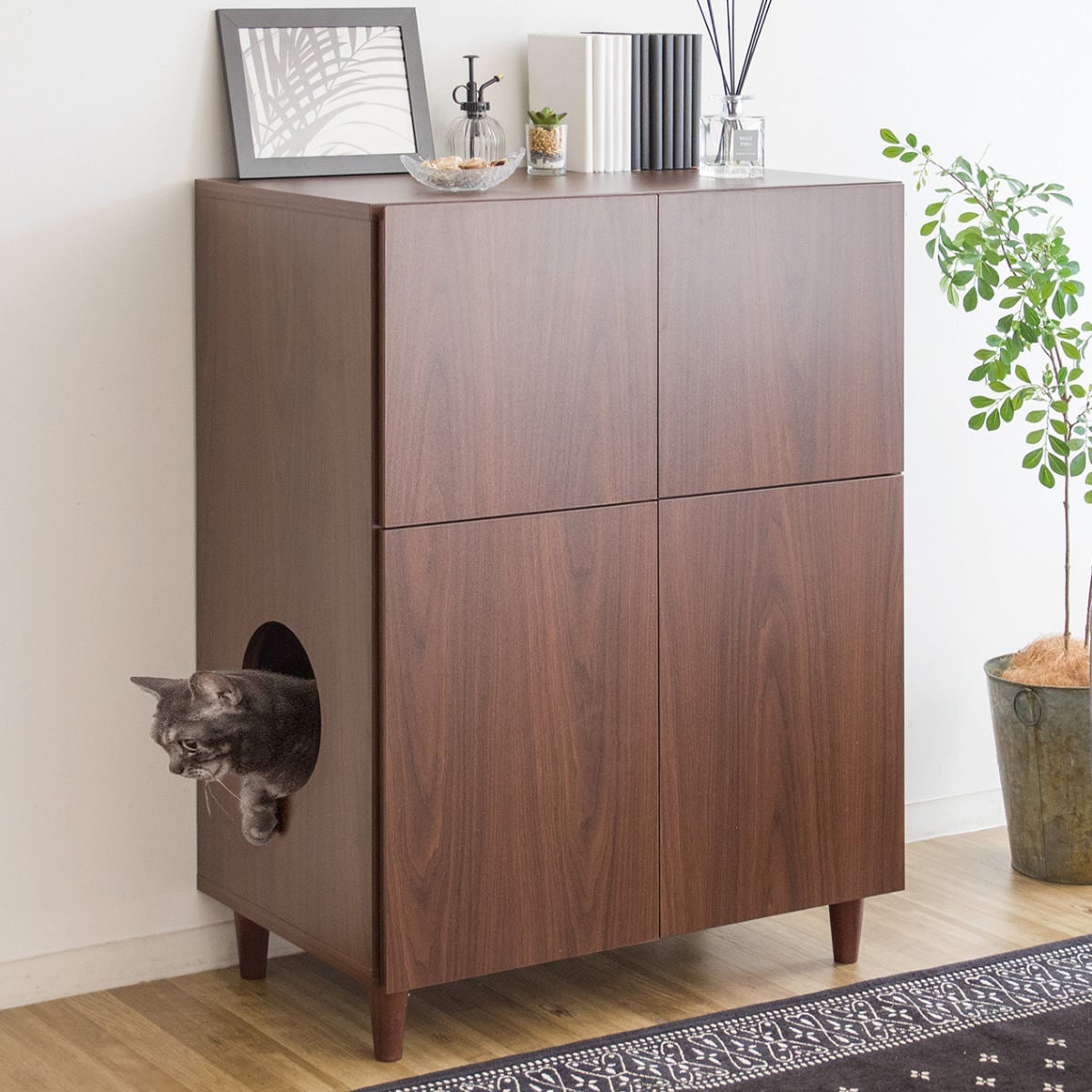 キャットトイレクローゼット 幅75cm 4枚扉 収納付き キャビネット キャットトイレ キャットラック 猫用トイレカバー 猫用家具 砂飛び散り防止 収納 棚 トイレクローゼット ペットトイレ