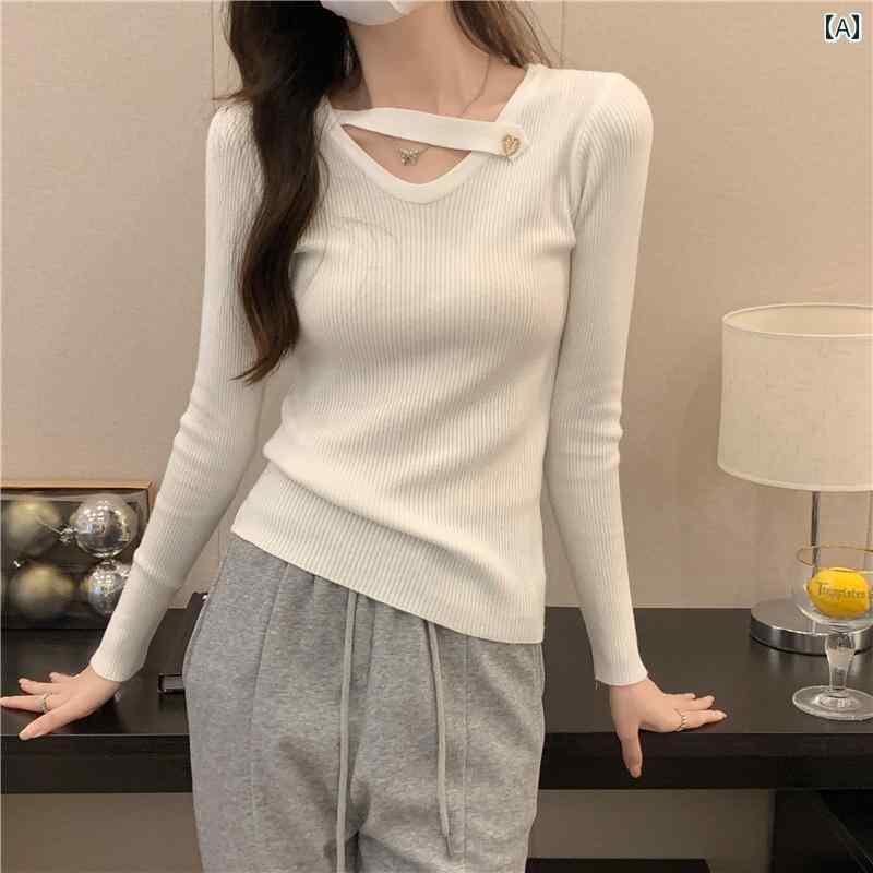 レディース ファッション トップス 女性用 春 Vネック 長袖 ボトリング セーター 西洋 デザイン 個性的 セーター 下着