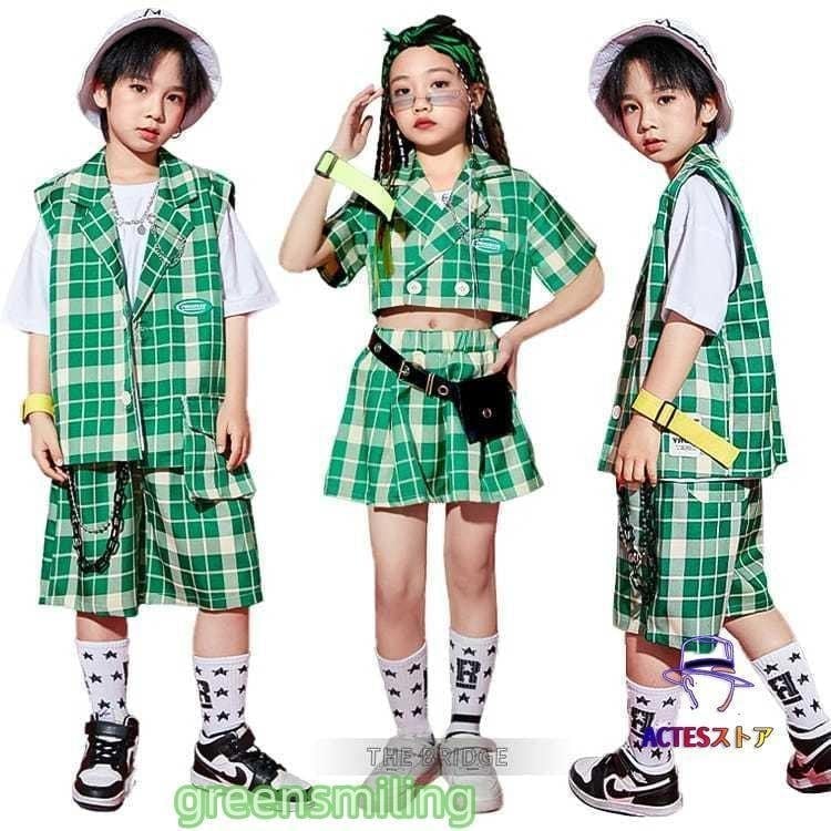 おし3 チェック柄 ステージ衣装 演出服 k-pop ダンス衣装 体操服 スカート パンツ トップス キッズ ヒップホップ 子供服 韓国 緑 セットアップ 【6月新品＆イベントセール】キッズダンス衣装