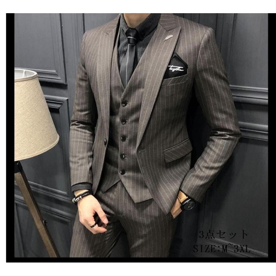 ストライプ 新作 メンズスーツ 3点セットスーツ カッコイイ 1つボタンスーツ フォーマルスーツ 結婚式 二次会 成人式 卒業式 就職活 ビジネススーツ 披露宴-691