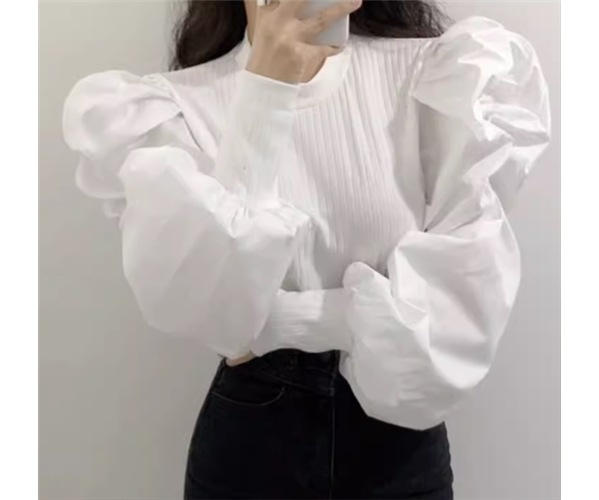 レディース トップス シャツ プルオーバー ショート ミドル丈 長袖 ボリューム袖 パフスリーブ ランタンスリーブ パワーショルダー ラウンドネック スリム 細身 ストレート フリル 伸縮性 かわいい