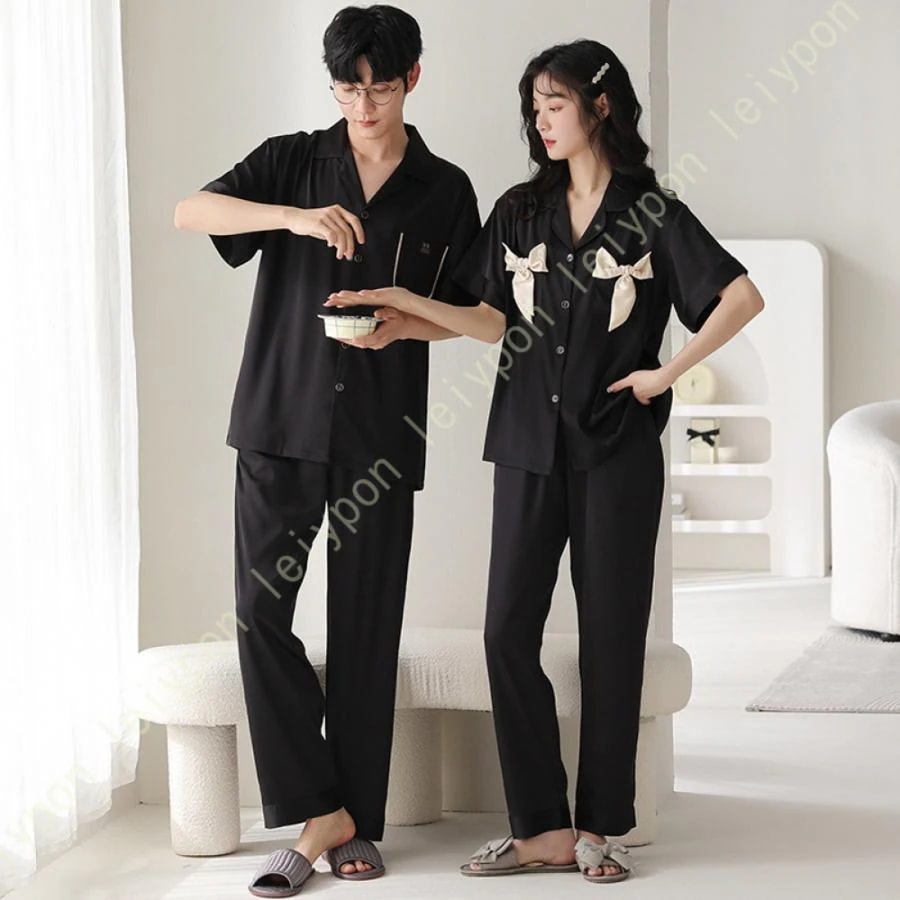 パジャマ シルク 夫婦お揃い ルームウェア レディース メンズ 半袖 長ズボン ロンパン 上下セット シルクパジャマ 夏 吸汗 通気 肌に優しい 前開き
