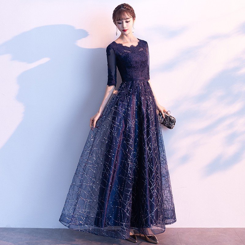 パーティードレス ロング丈 袖あり 結婚式ドレス マキシ丈 切り替え 紺色 パーティー お呼ばれ 発