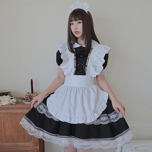 270コスプレ コスチューム メイド服風 エプロン キュート クール サテン シンプル フリル リボン レースアップ 可愛い ブラック S M L XL GRAXIA グラシア