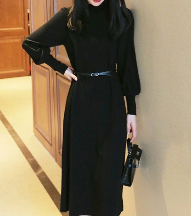 ワンピース デート モテアイテム フレアワンピース ニットワンピ ミモレ丈 長袖 ラウンドネック 可愛い きれいめ 上品 おしゃれ かっこいい 可愛い ラブリー キュート ガーリー クール