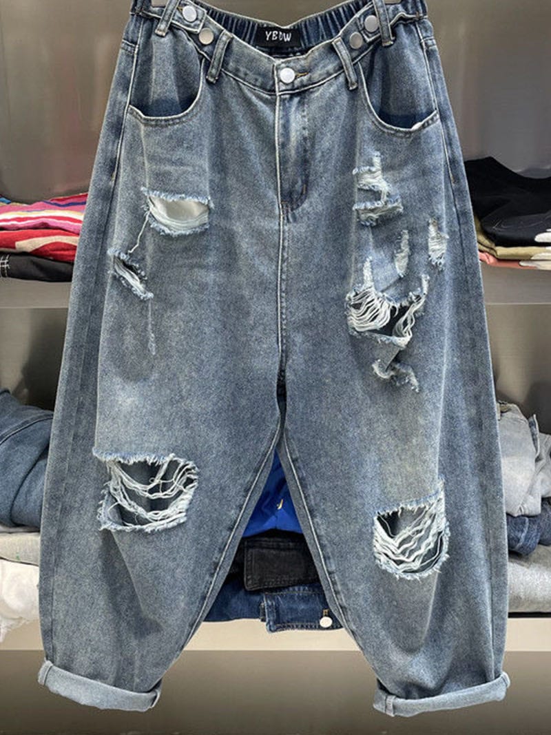 レディース デニムパンツ ワイドパンツ ダメージデニム ダメージジーンズ ワイドデニムパンツ レディースデニム レディースジーンズ ダメージデニム ウエストゴム だぼだぼ ダボダボ プラ