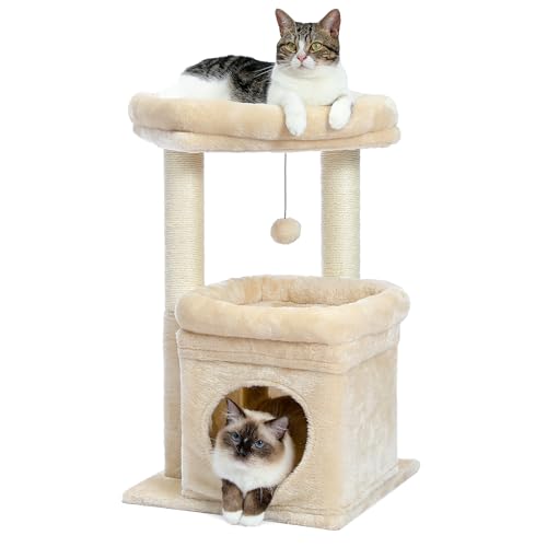 キャットタワー ミニ 猫タワー 小型 低い 小さめ 据え置き 人気 爪とぎポール 爪研ぎ 麻紐 猫のおもちゃ コンパクト 省スペース 頑丈 安全 猫ハウス 展望台 - 68cm ベージュ
