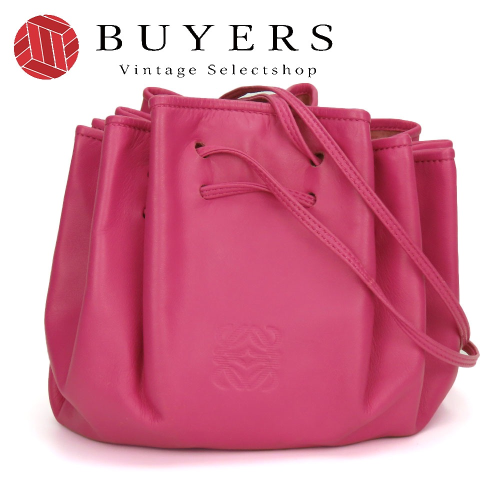 中古 ショルダーバッグ アナグラム ナッパレザー ピンク ゴールド金具 巾着 肩掛け ポーチ付き レディース 女性