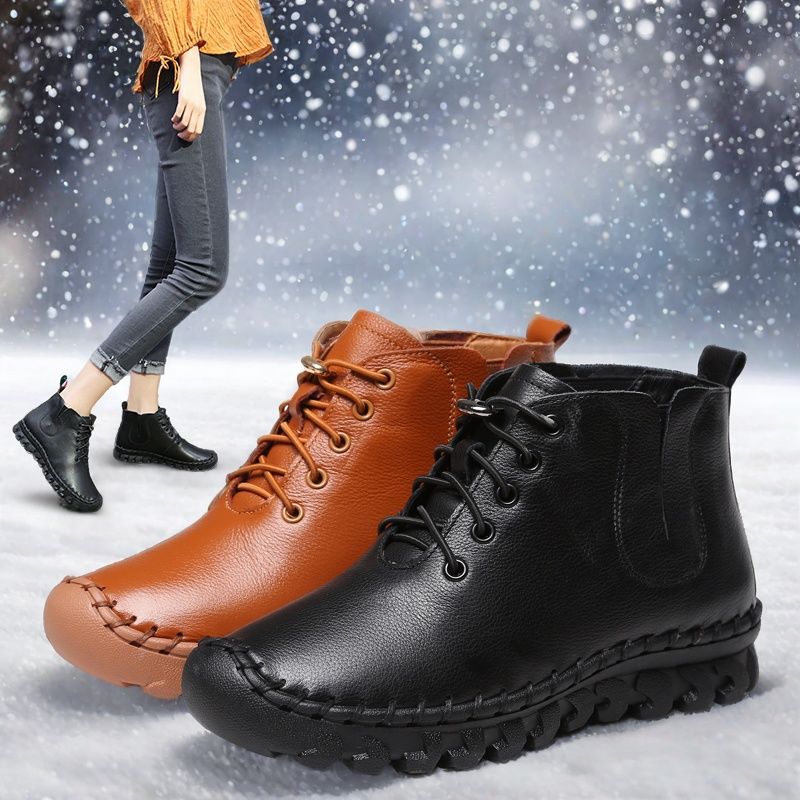 本革フラットソール牛革ショートブーツ女性用2025滑り止めソフトソール婦人靴レディースブーツレディースプラスベルベット靴