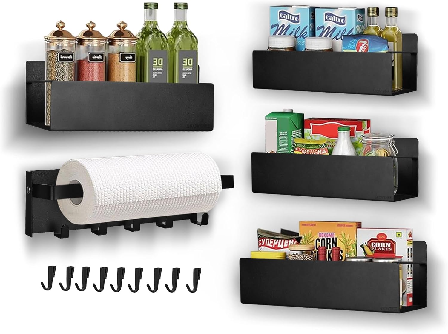 マグネット式5点セット 調味料・スパイスラック 冷蔵庫サイドラック キッチン収納用 マグネットペーパーホルダー付き ブラック