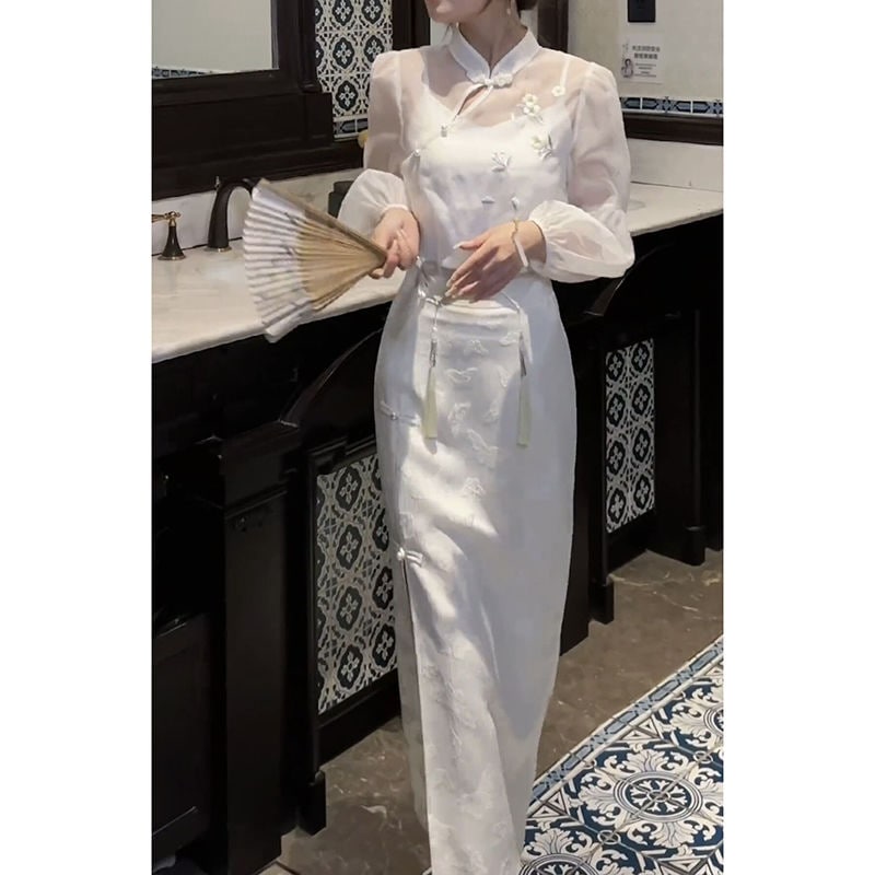 婦人服 2023 ハイエンド民族風改良チャイナドレスタッセルトップパンボタンスカートツーピース秋 母の日