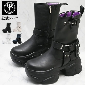 ヨースケ 厚底ブーツ 公式キズ補修液付 エンジニアブーツ レディース ミドルブーツ バックル付き 8.0cmボリュームソール
