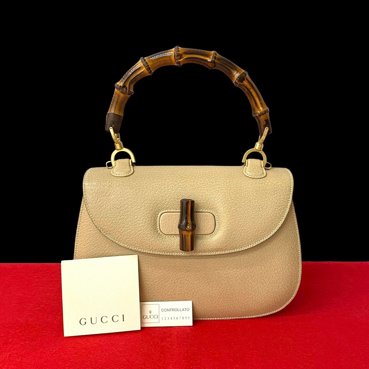 ヴィンテージ バンブー ターンロックハンドバッグ レザー バンブー ベージュ 71650