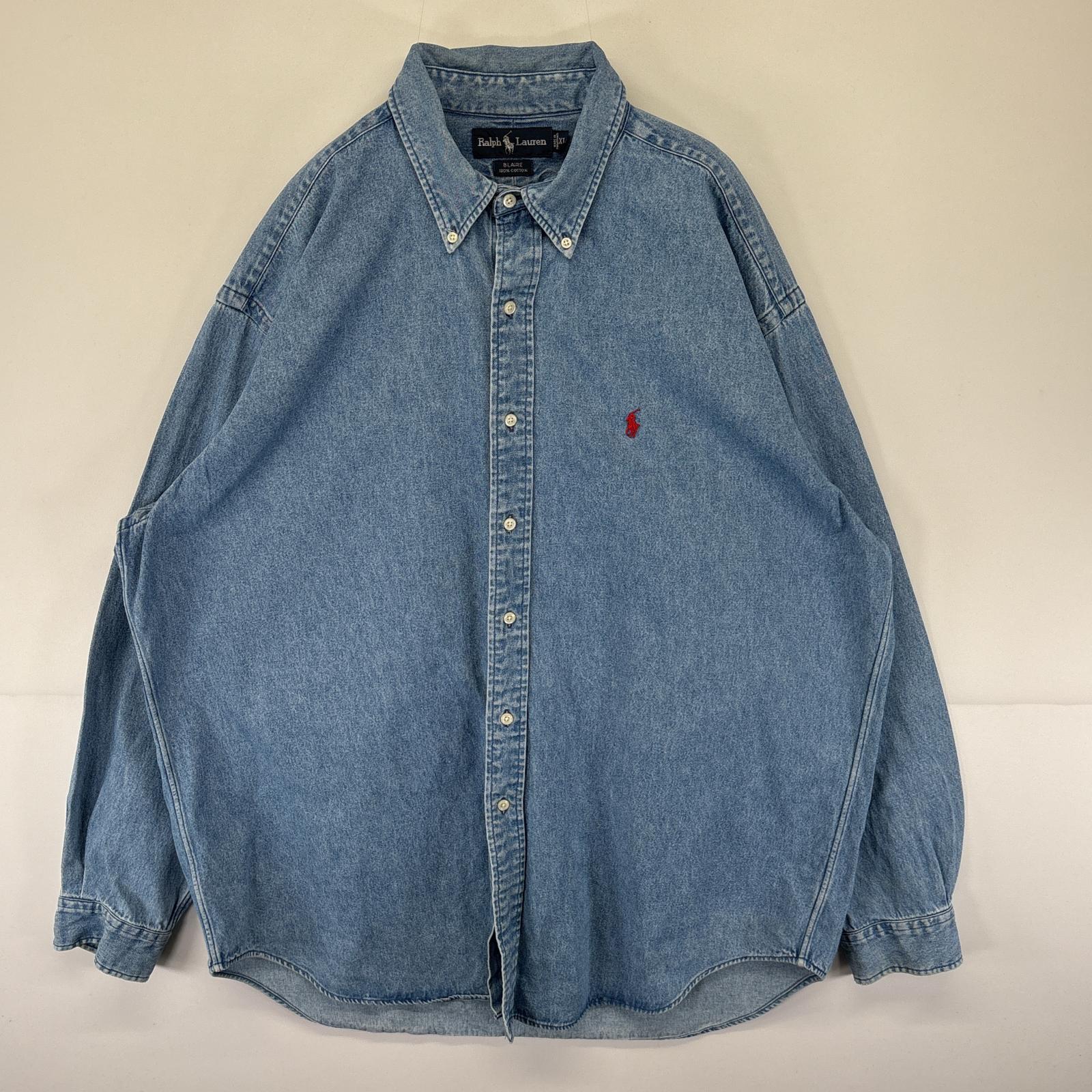 古着 90s/90年代 長袖シャツ デニムシャツジャケット ワンポイントロゴ刺繍 XL ブルー メンズ