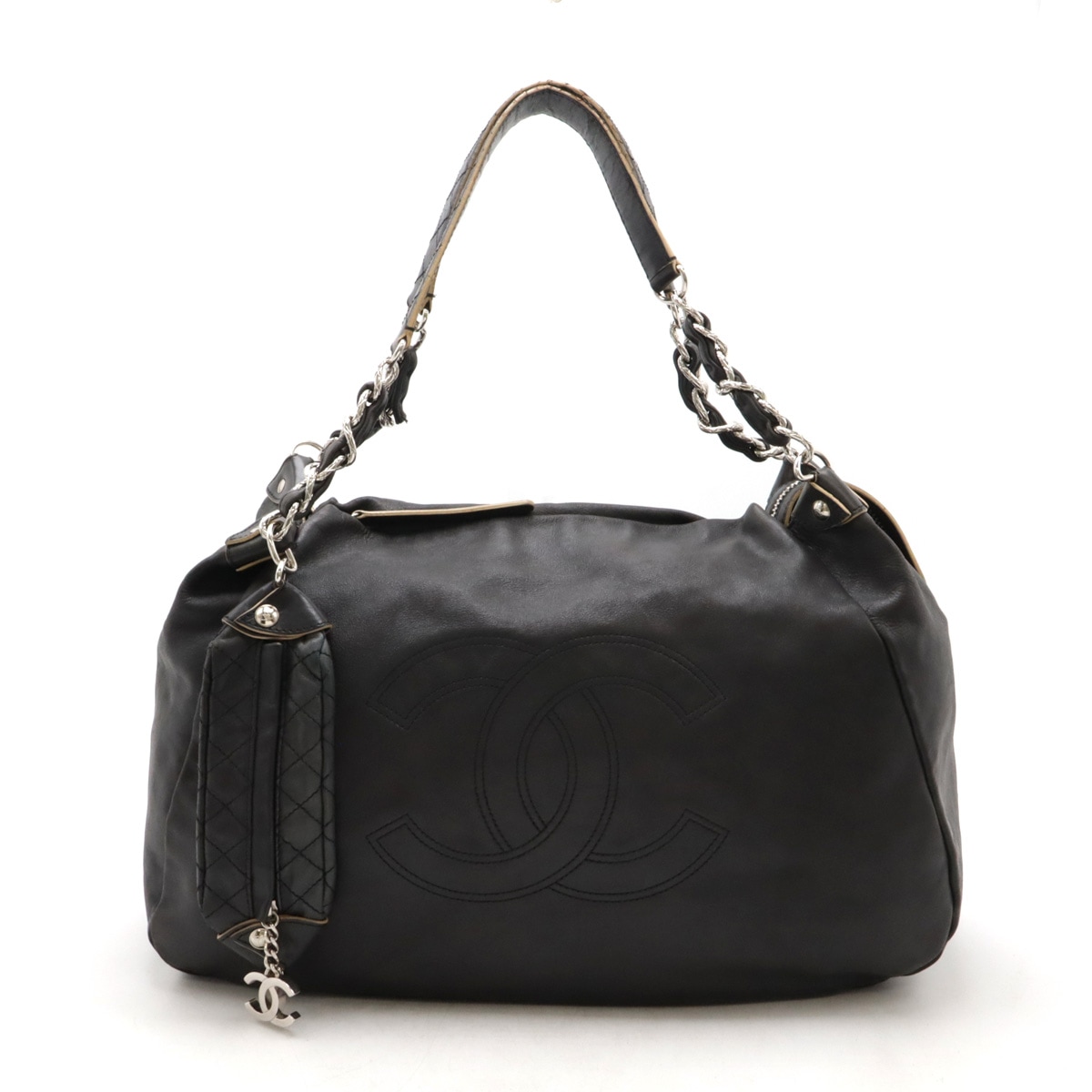 ココマーク チェーントート トートバッグ ショルダーバッグ レザー ブラック 黒 シルバー金具 ポーチ付