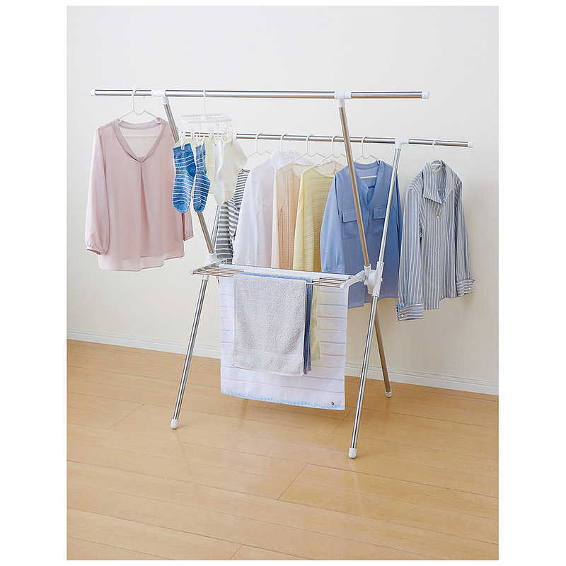 パール金属　タオル掛付室内物干しスタンドX型(伸縮式)