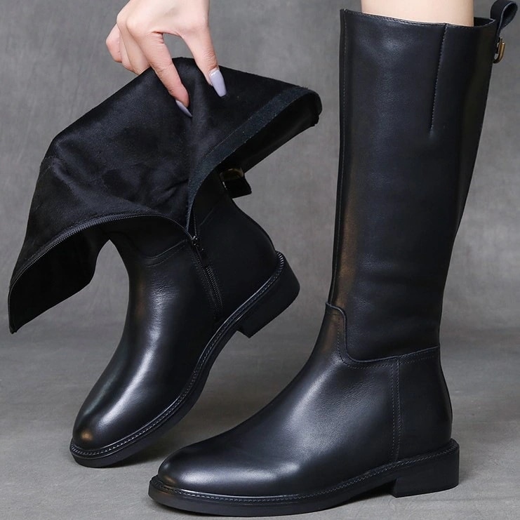 【急速出荷!】トップコート牛革英国風ブーツレディース新作保温ギャザーナイトブーツローヒール厚底ブーツ牛革綿靴牛革スノーブーツ