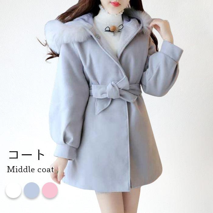限定セールノーカラーコート レディースもファー付きコート ファー付き フェイクファー ラシャ調 ミドル丈 フード付き ウエスト紐 中綿キルティング バレンタイン プレゼント