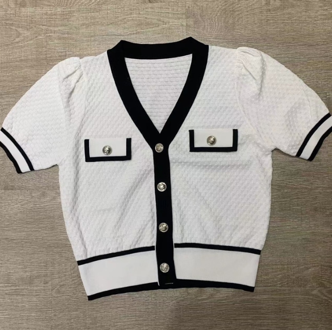 レディース トップス ニット カーディガン 半袖 Vネック フェミニン 前開き バイカラー シンプル 上品 おしゃれ かっこいい レトロ クール エレガント 主役級 存在感 カレッジ風 学生風 秋