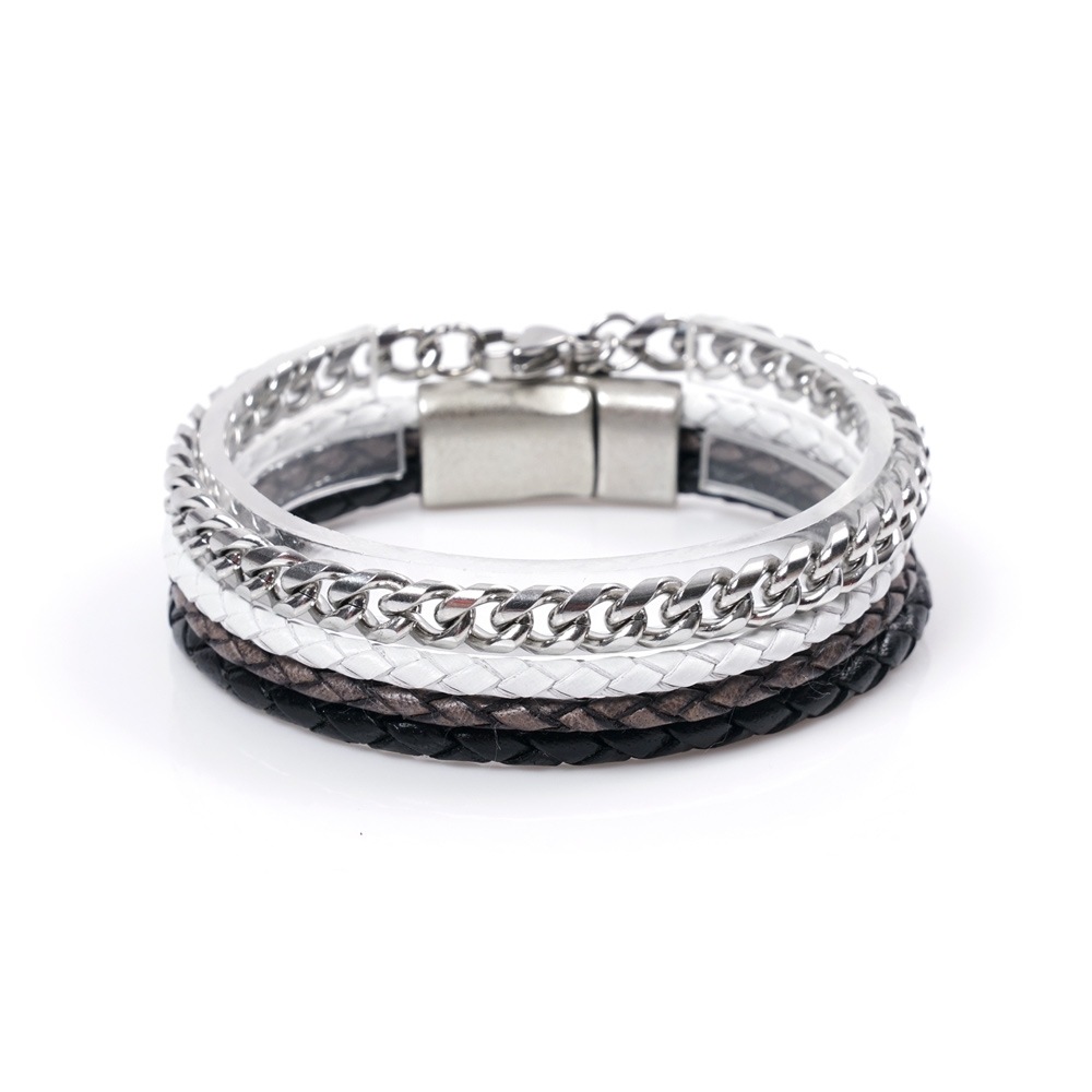 JBANS クラシックソフトラウンド 6 サージカルスチール 588 モノトリプルライン 008 レザーブレスレットセット (C2101-SE207_BK)