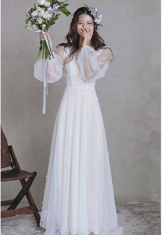 ウェディングドレス 前撮りドレス フレンチウエディングドレス 二次会ドレス シースルー 長袖 ビーズ付き フランス風 カジュアル ウェディングドレス 森ガール系 マキシ丈 フォトウエディン ランタンス
