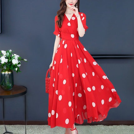 ドット柄ロングワンピース ワンピース フレアワンピース ロング ロング丈 袖あり 半袖 Vネック フレア Aライン ウエストマーク ハイウエスト かわいい 大人可愛い きれいめ シンプル カジュアル