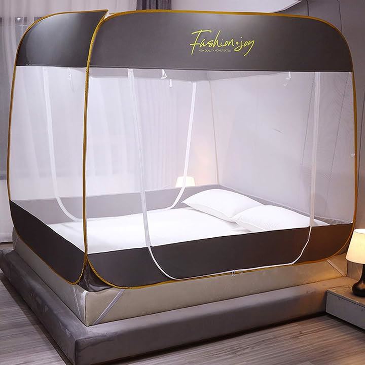 蚊帳 ワンタッチ モスキートネット 折りたたみ式 蚊よけ 虫除け 蚊対策 全方位ガード テント式 キャンプ式 底面付き レース ベッド ドア設計( グレー, 幅150cmx200cm)