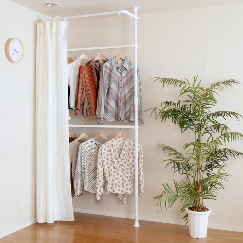 【再入荷】【簡単】ワンタッチ式突っ張りポールハンガーラック カーテン付き 2段 総耐荷重90kg 幅90-133cm 高190-260cm 伸縮式クローゼット 衣替え不要 WJ-350WHCA 正規品