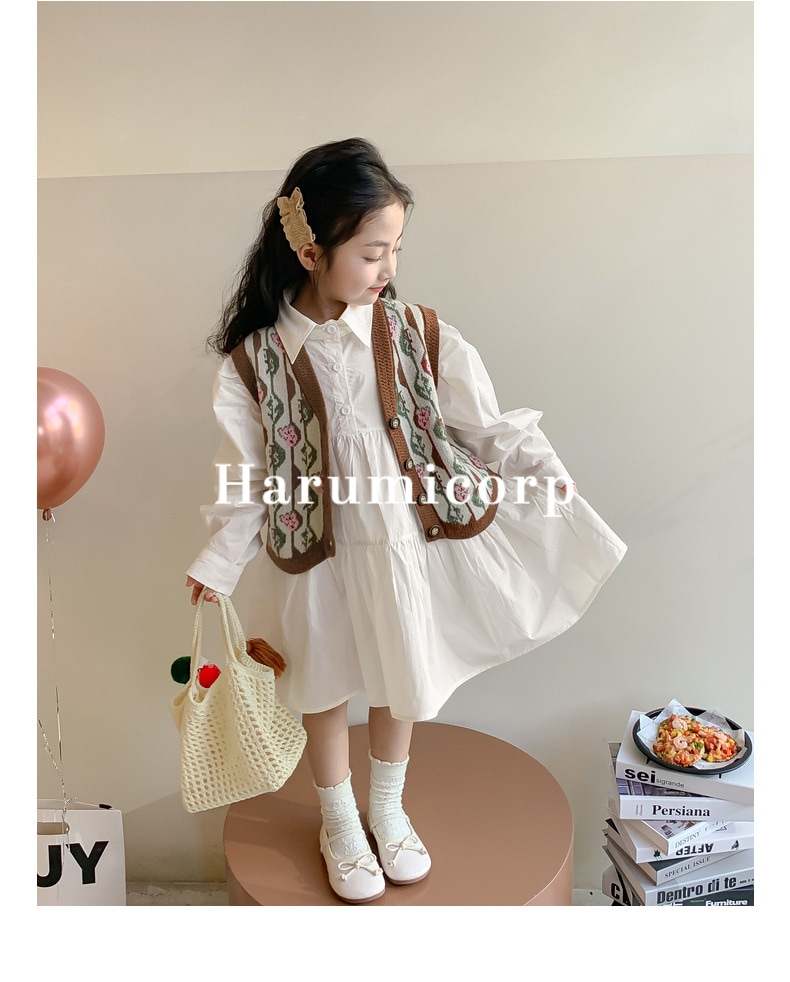 子供服 女の子 セットアップ復古春 秋服 韓国子供服 綿ワンピースメリヤスベストセット 長袖 花柄ワンピース 140センチ 子供 トップス ボトムス こども服 ジュニア ベビー服 おしゃれ 可愛い