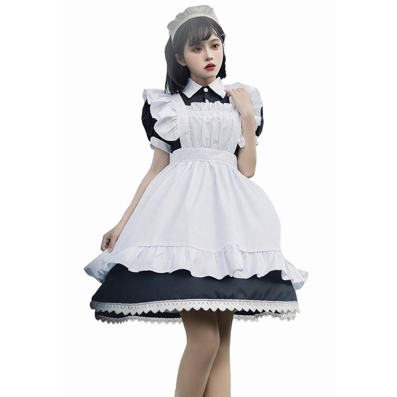 工場直販 一部分3日出荷メイド服 半袖 ワンピース レストラン カフェ コスチューム コスプレ衣装 3点セット ブラック サイズ SXXL