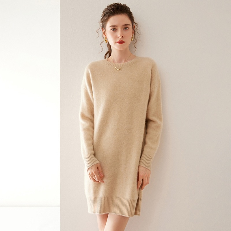 ミディアムレングス ラウンドネック シンプル ルーズ 大きいサイズ カシミア セーター レディース 秋 肩 袖 ジャンパー 秋冬 ボトム ニット
