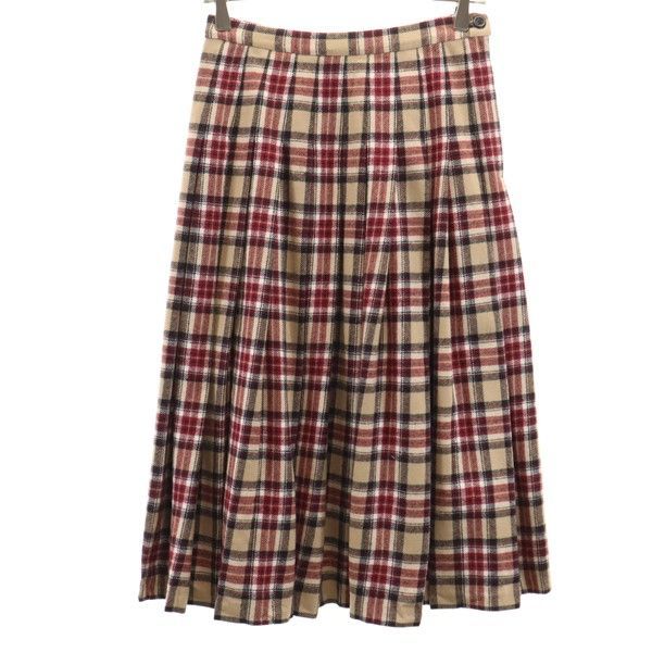 70s USA製 ヴィンテージ チェック柄 ロング丈 ウール プリーツスカート 2 ベージュ系 レディース