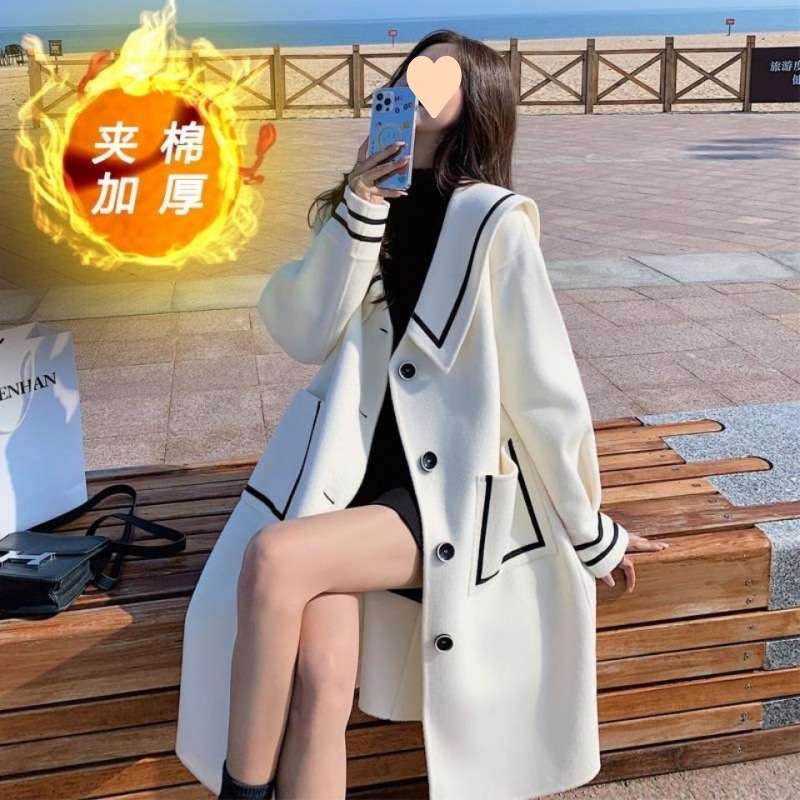 女性用ホワイトネイビーカラーウールコート2024秋冬新作韓国風ゆったりミドル丈デザインウールコート