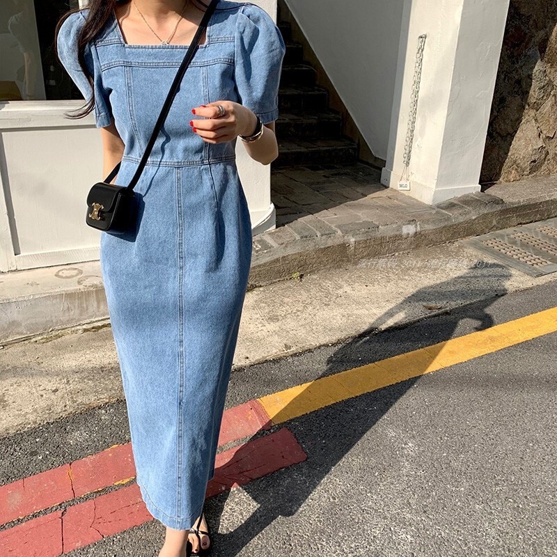 ワンピース ロングワンピース デニムワンピース 半袖 パフスリーブ スクエアネック バックスリット ウエストマーク ロング丈 かわいい 大人可愛い きれいめ シンプル 上品 おしゃれ 大人女子 レトロ