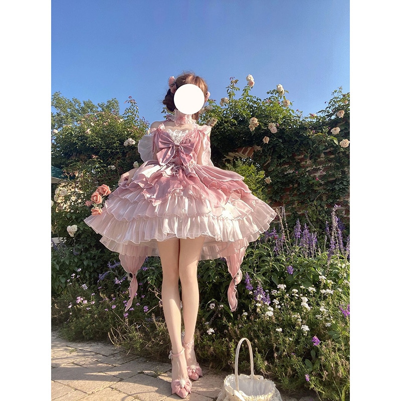 ピンクの花のウェディングロリータドレス女性jskロリータドレス華やかでエレガントなお姫様スカート