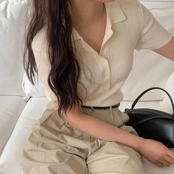 女性ビリーフ リブ カラ 半袖ニット SGW2-KNH-Q023-クリーム