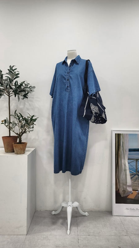 シャツ型デニムロングワンピースオーバーフィット77サイズ夏ジーンズワンピース