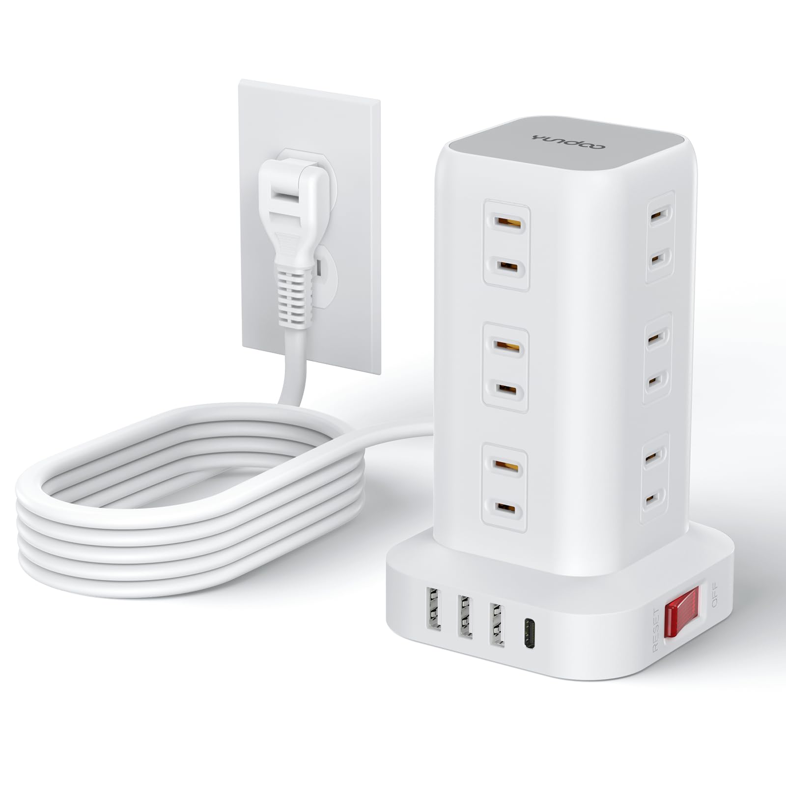 YUNDOOタワー型電源タップ 蛸足コンセント 12個AC コンセント+4USBポート付き 2m延長コード mini型 180スイングプラグ ほこり防止 タコ足配線 一括スイッチ OAタップ 雷ガー