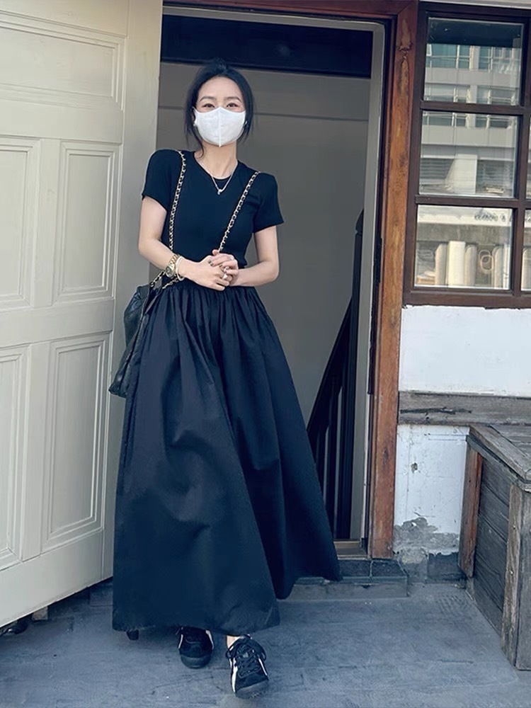 ドッキングワンピース. 異素材MIXワンピース ウエスト切り替え 半袖 ラウンドネック. レディース ブラックワンピース ワンピース ドレス 体型カバー ロングワンピース a4977