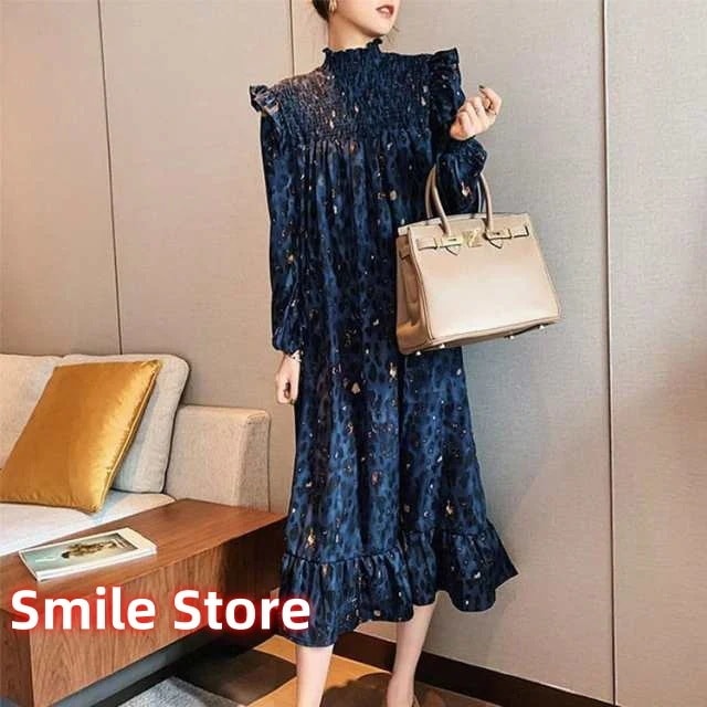 40代 マキシワンピース ロング丈フレアスカート インナー 長袖ワンピース オシャレ 花柄ワンピース レディース 秋冬 30代 大人 50代 ハイネック 1798