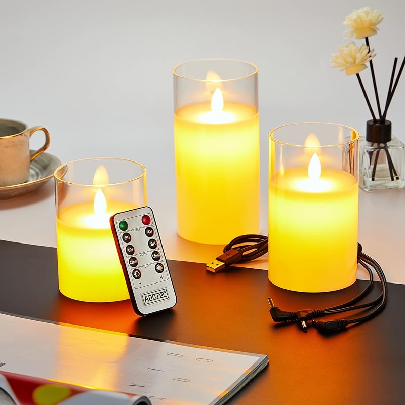 AnnTec LEDキャンドルライト クリアガラスホワイト ロウソク 本物の炎のようにゆらめく3点セット 暖色光 火を使わない ゆらゆら揺れる 安全 省エネ 専用リモコン付き 明るさ調整 USB充電式