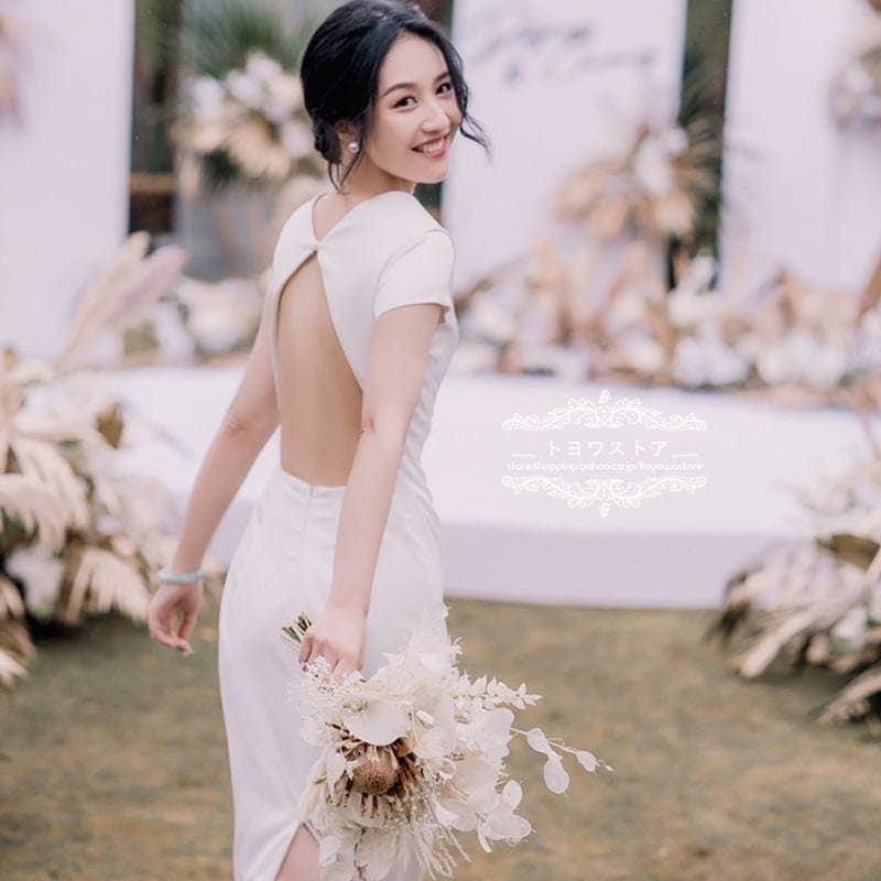 ウェディングドレス結婚式二次会前撮りホワイト花嫁Aライン白ロングドレス披露宴編み上げパーティードレスブライダル作演奏会