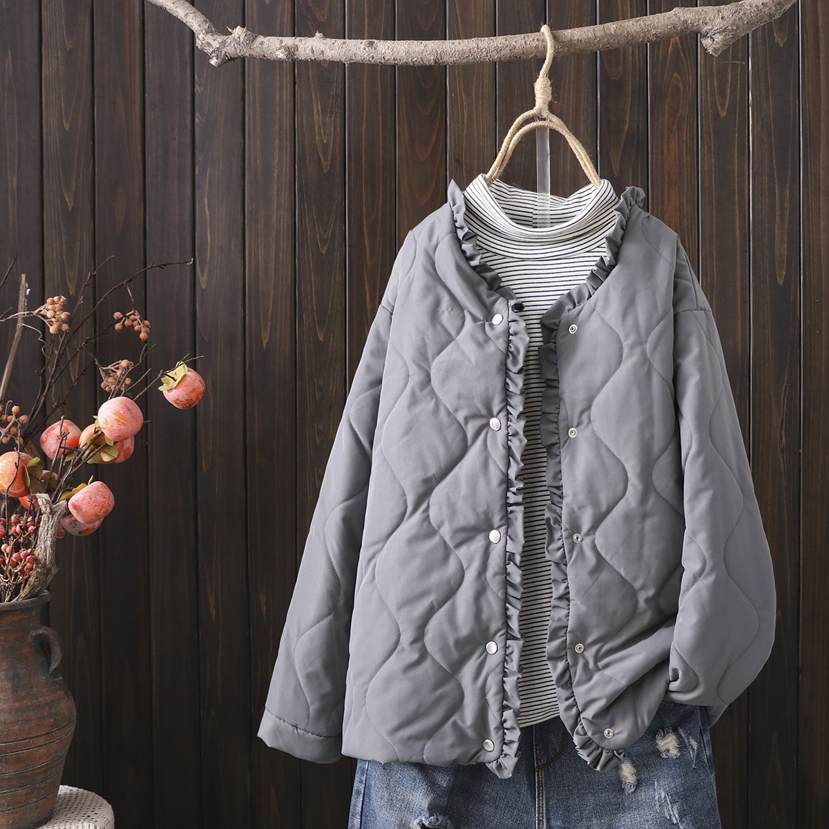 新入庫 ボアコート キルティングコート ジャケット 裏起毛 ボア キルティング コート レディース 冬 アウター 無地 冬 フリル 体型カバー