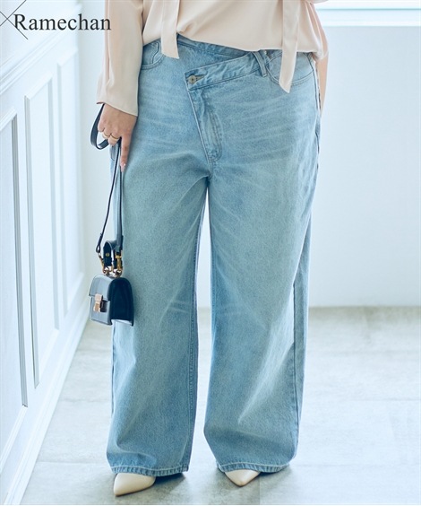 ロングパンツ 大きいサイズ らめちゃんコラボ ウエストデザインワイドデニムパンツ