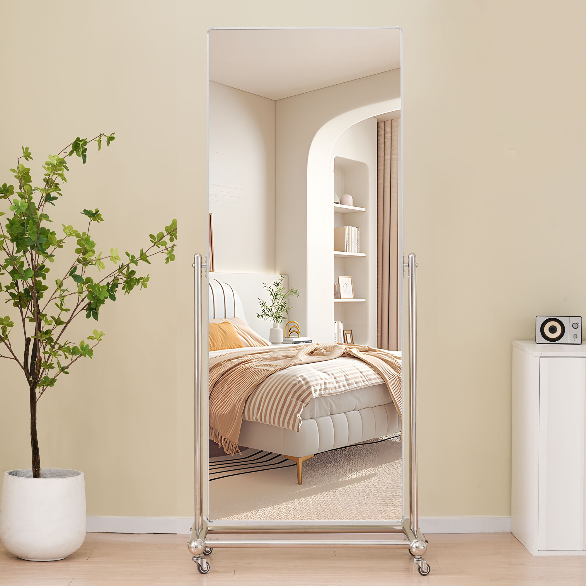 全身鏡 姿見鏡 鏡 キャスター付き 大型ミラー 全身ミラー おしゃれ 丸角 ステンレススチール シルバー 飛散防止 店舗 オフィス インテリア 玄関 リビング 更衣室 事務所 162*68CM