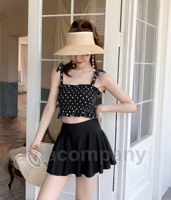 水着 レディース タンキニ 体型カバー ビキニ ハイウエスト ドット柄 Aライン フレア スカート ビスチェ 大きいサイズ 黒 韓国 可愛い 大人可愛い おしゃれ ママ セパレート 20代 30代 海